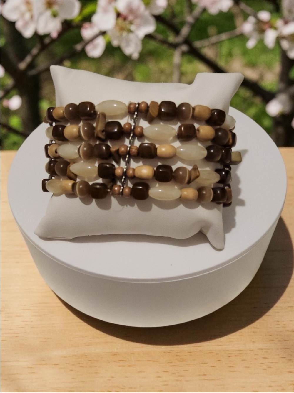 Multi-Row Beaded Bracelet in Brown and Cream